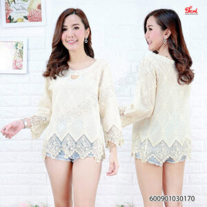 เสื้อแขนยาว ผ้าคอตตอนปักลายตกแต่งลูกไม้-600901030170