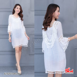 เสื้อคอตตอนถักโครเชต์เว้าหลังแต่งพู่ สีขาว-610201040180