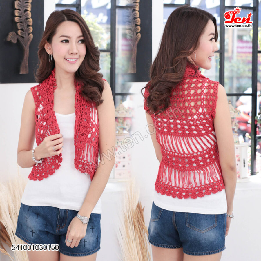 Sleeveless handmade crochet vest with detailed patterns, shown front and back over white tank