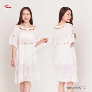 ชุดเดรสคอตตอนผ้าแต่งพู่ถักโครเชต์-630901010170