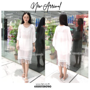 มินิเดรสชายพู่สีขาวลายดอกไม้-650501280180
