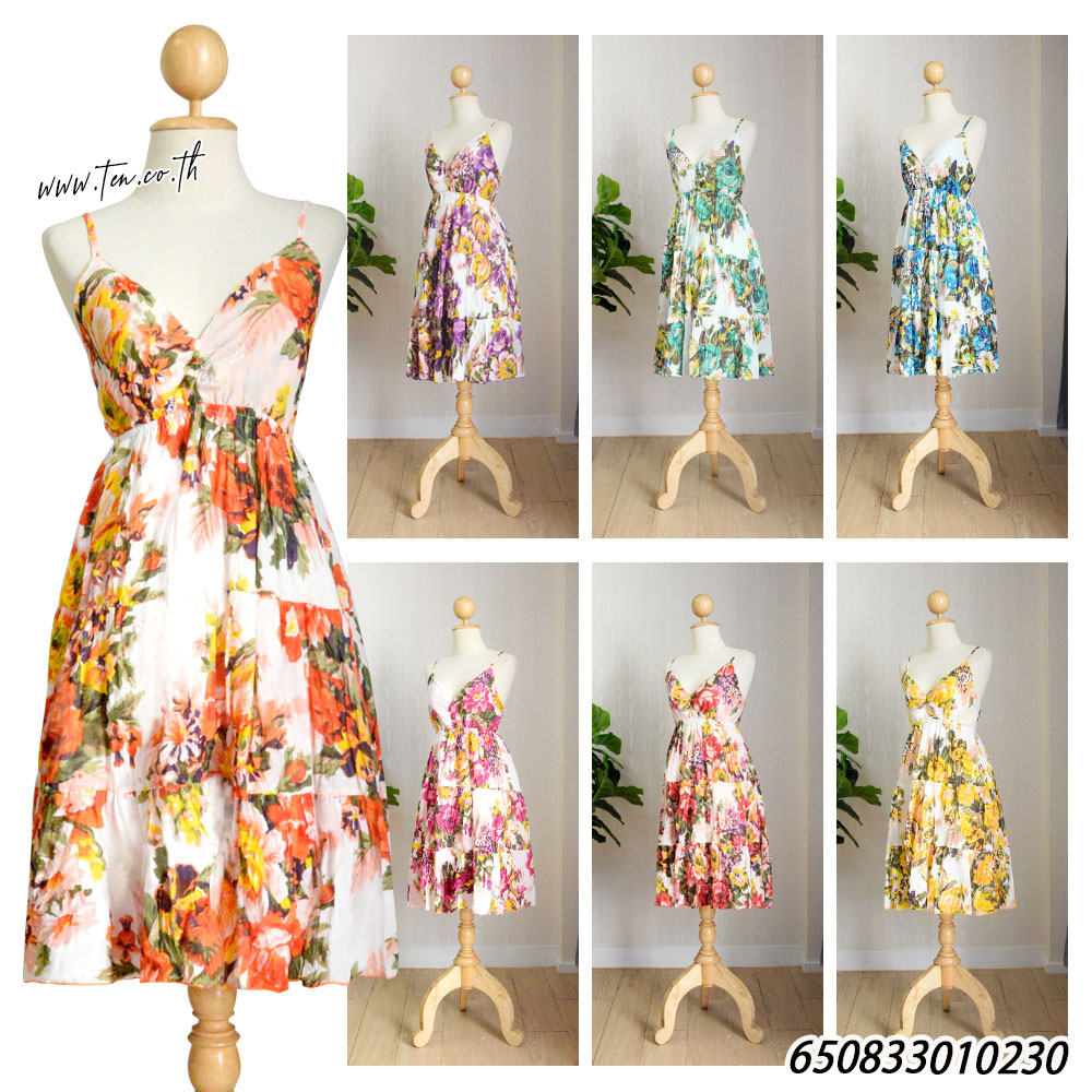 Women's Midi Floral V-Neck Dresses -มินิเดรสสายเดี่ยวคอวี ลายดอก - 650833010230 - Image 4