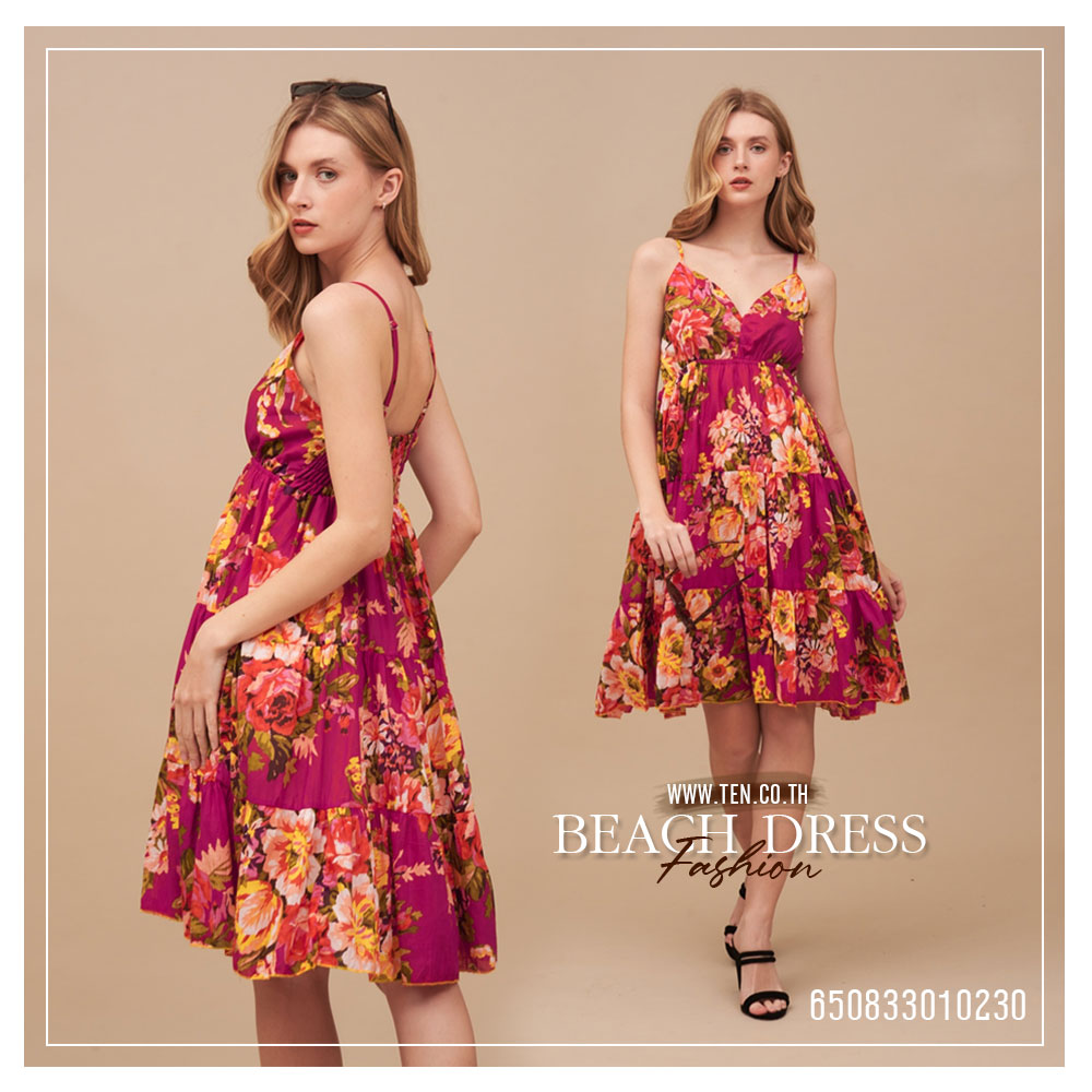Women's Midi Floral V-Neck Dresses -มินิเดรสสายเดี่ยวคอวี ลายดอก - 650833010230 - Image 3