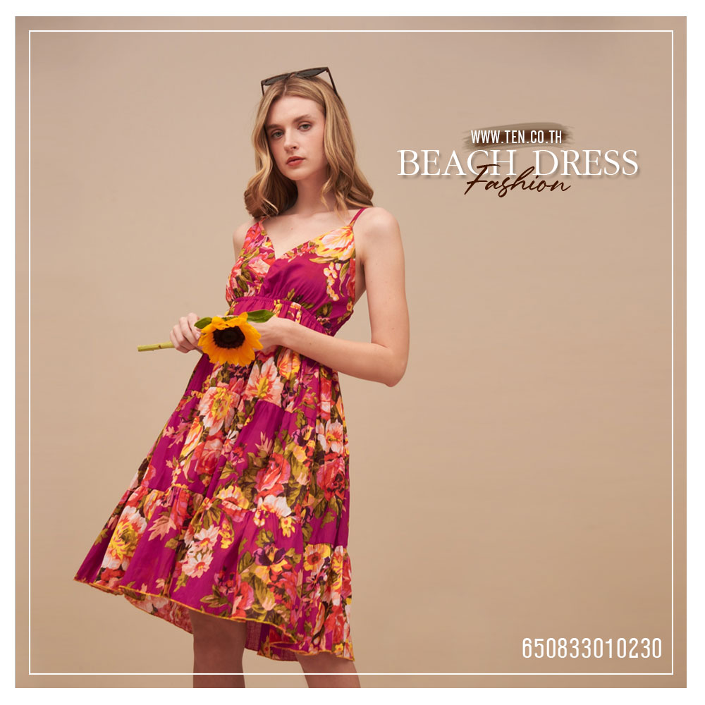 Women's Midi Floral V-Neck Dresses -มินิเดรสสายเดี่ยวคอวี ลายดอก - 650833010230