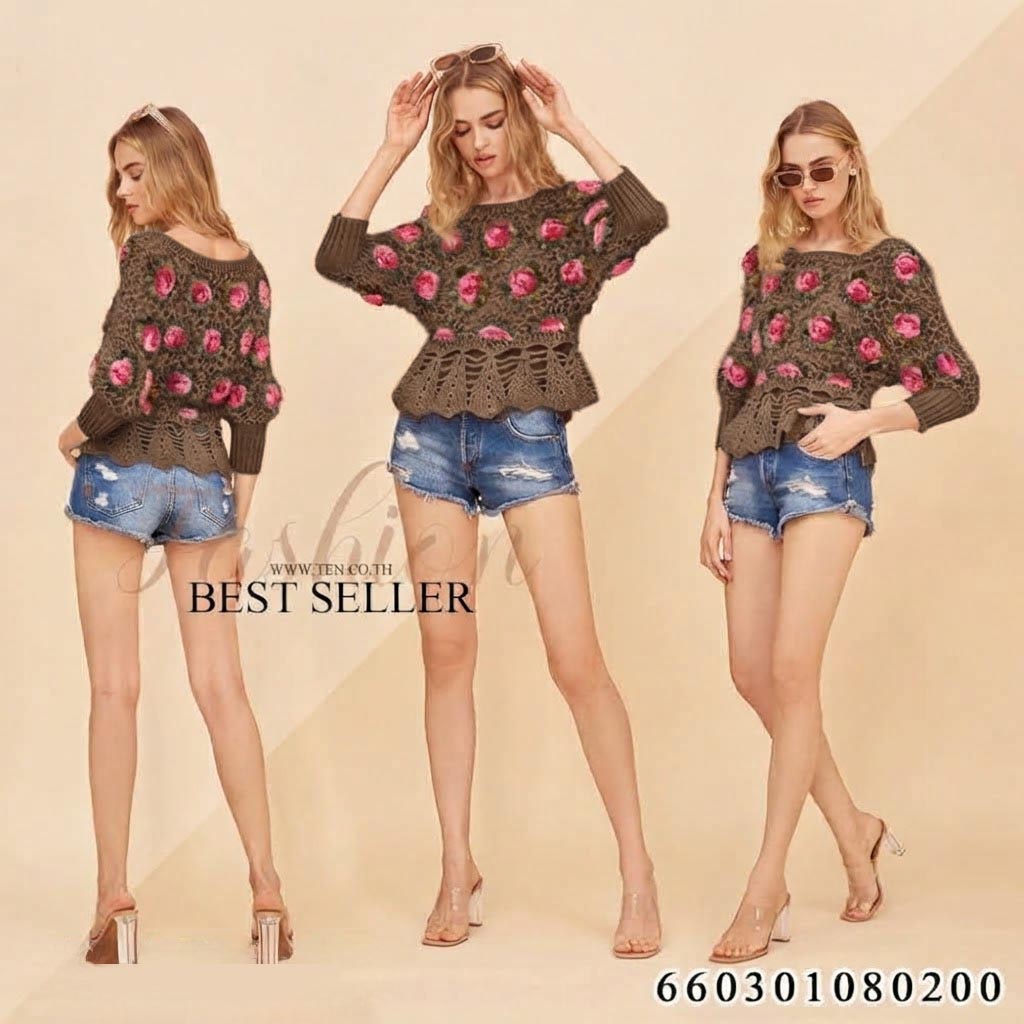 Crochet rose sweater -เสื้อถักขนมิ้งลายดอกกุหลาบ - 660301080200 - Image 3