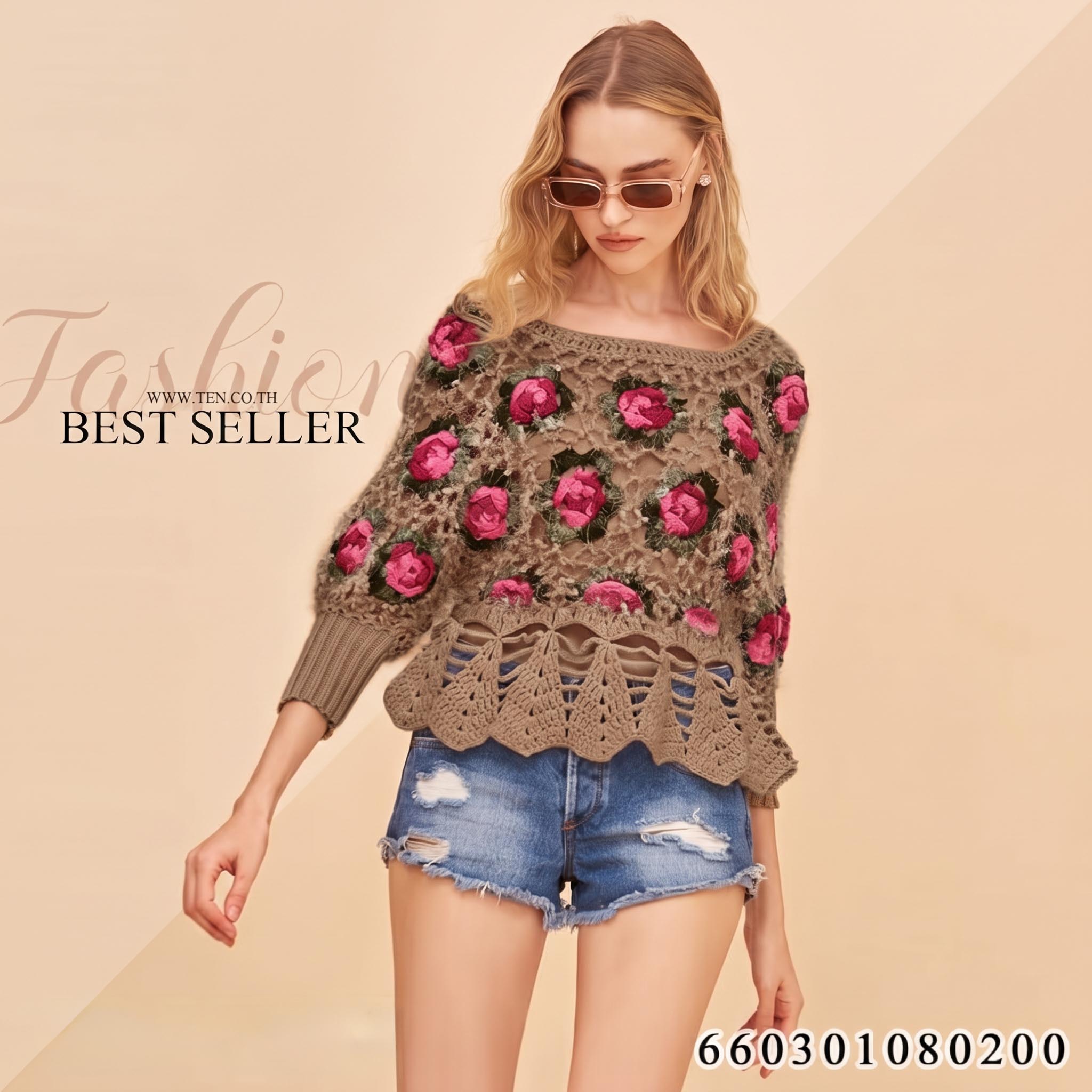 Crochet rose sweater -เสื้อถักขนมิ้งลายดอกกุหลาบ - 660301080200