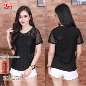 Black Sequin Blouse-เสื้อลูกไม้แขนสั้นลายดอกติดเลื่อม-570601090110