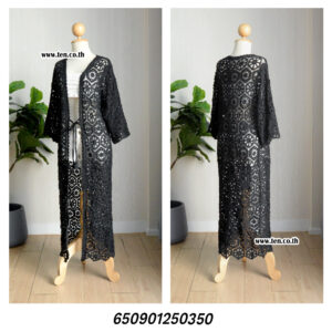 Black Lace Beach Kimono-เสื้อคลุมบิกินี่ถักโครเชต์ตัวยาว - 650901250350