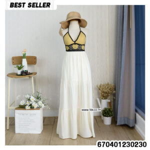 White and Black Heart Crochet Maxi Dress with tiered skirt and boho design