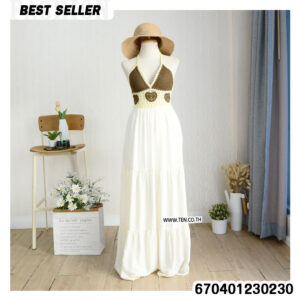 White and Black Heart Crochet Maxi Dress with tiered skirt and boho design