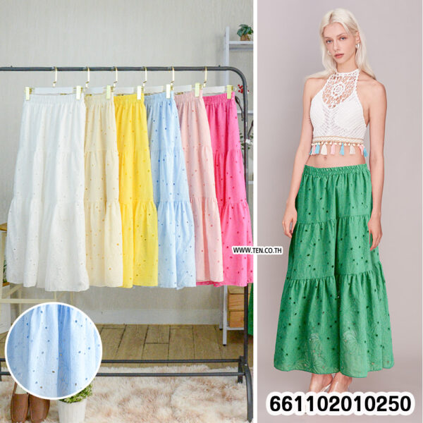 Romantic pastel lace skirts hanging on rack with boho details