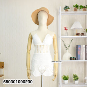 sexy cutout crochet mini dresses in 5 colors on hanger and mannequin with beach hat