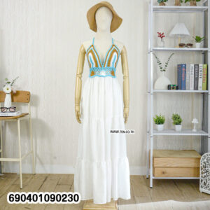 Boho crochet maxi dress with colorful handmade top and white tiered skirt