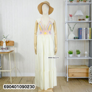 Boho crochet maxi dress with colorful handmade top and white tiered skirt