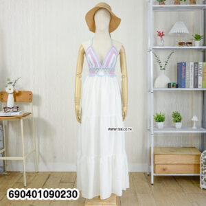 Boho crochet maxi dress with colorful handmade top and white tiered skirt