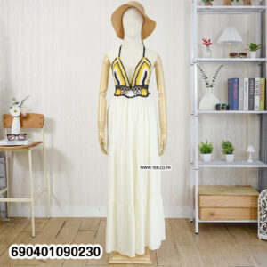 Boho crochet maxi dress with colorful handmade top and white tiered skirt