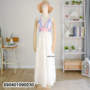 Boho crochet maxi dress with colorful handmade top and white tiered skirt