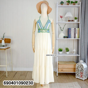 Boho crochet maxi dress with colorful handmade top and white tiered skirt