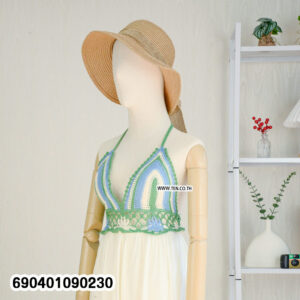 Boho crochet maxi dress with colorful handmade top and white tiered skirt