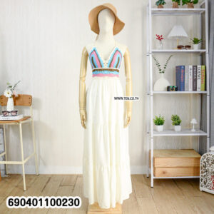 Handmade crochet bodice maxi dress with colorful top and flowing white skirt