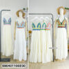 Handmade crochet bodice maxi dress with colorful top and flowing white skirt