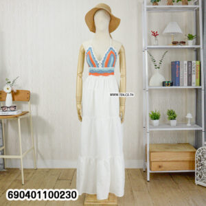 Handmade crochet bodice maxi dress with colorful top and flowing white skirt