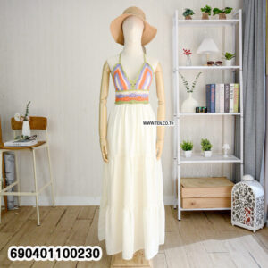 Handmade crochet bodice maxi dress with colorful top and flowing white skirt
