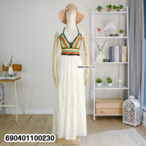 Handmade crochet bodice maxi dress with colorful top and flowing white skirt
