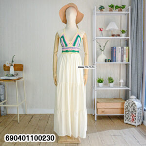 Handmade crochet bodice maxi dress with colorful top and flowing white skirt