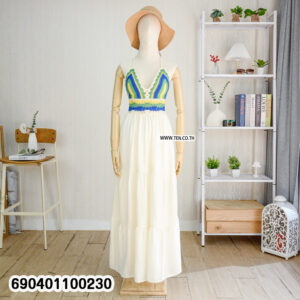 Handmade crochet bodice maxi dress with colorful top and flowing white skirt