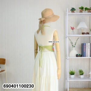 Handmade crochet bodice maxi dress with colorful top and flowing white skirt
