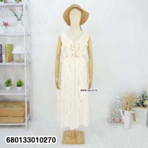 Romantic white ruffle maxi dress for summer with soft layered design