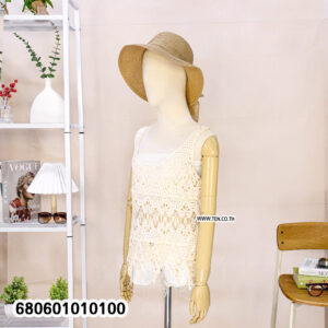 Textured crochet tank top with floral lace and fringe hemline for summer