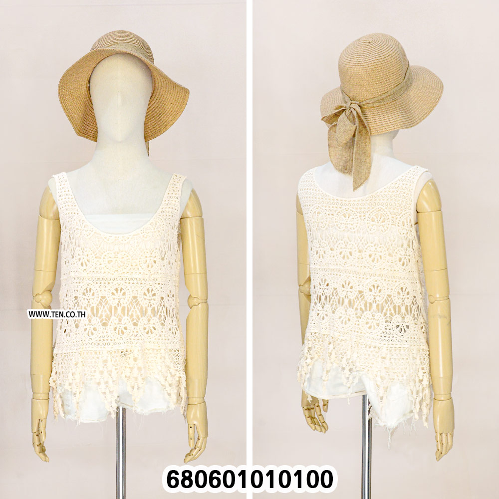 Textured crochet tank top with floral lace and fringe hemline for summer