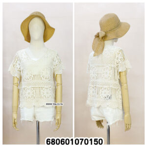 Front and back views of a handmade crochet summer blouse styled with straw hat and white shorts