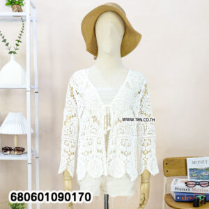 Vintage-inspired cream crochet cardigan featuring floral openwork and a tie-front closure.