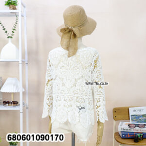 Vintage-inspired cream crochet cardigan featuring floral openwork and a tie-front closure.