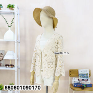 Vintage-inspired cream crochet cardigan featuring floral openwork and a tie-front closure.