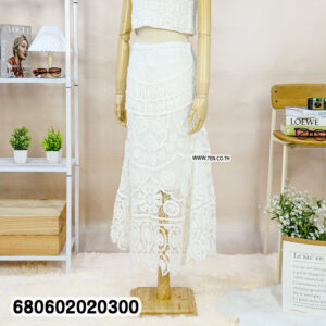 Boho crochet midi skirt in white and beige displayed on mannequin and hanger