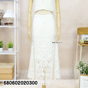 Boho crochet midi skirt in white and beige displayed on mannequin and hanger