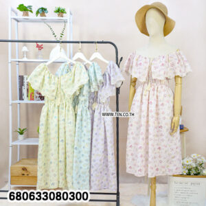 Display of lightweight cute summer floral dresses in yellow, mint, purple, and pink