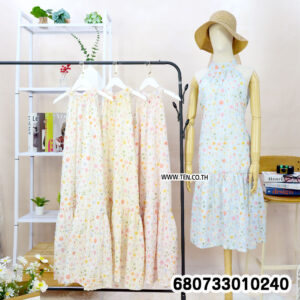Pastel-toned floral print maxi dress with tiered hem and halter neckline