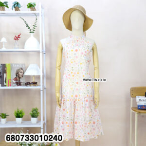 Pastel-toned floral print maxi dress with tiered hem and halter neckline