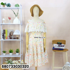 Cold shoulder floral dresses with bow-tie straps and lace accents in yellow, pink, blue, and ivory