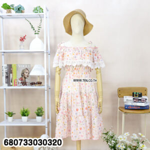 Cold shoulder floral dresses with bow-tie straps and lace accents in yellow, pink, blue, and ivory