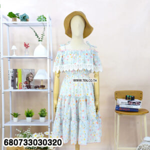 Cold shoulder floral dresses with bow-tie straps and lace accents in yellow, pink, blue, and ivory