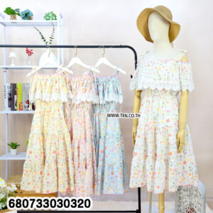 Cold shoulder floral dresses with bow-tie straps and lace accents in yellow, pink, blue, and ivory