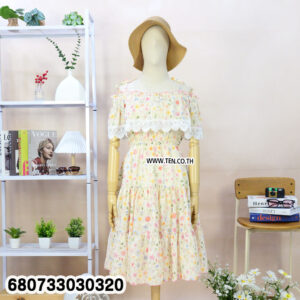 Cold shoulder floral dresses with bow-tie straps and lace accents in yellow, pink, blue, and ivory