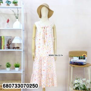 A light blue floral print maxi dress on a mannequin, perfectly suited for a beach vacation and resort wear.