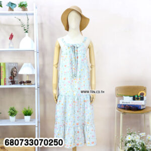 A light blue floral print maxi dress on a mannequin, perfectly suited for a beach vacation and resort wear.